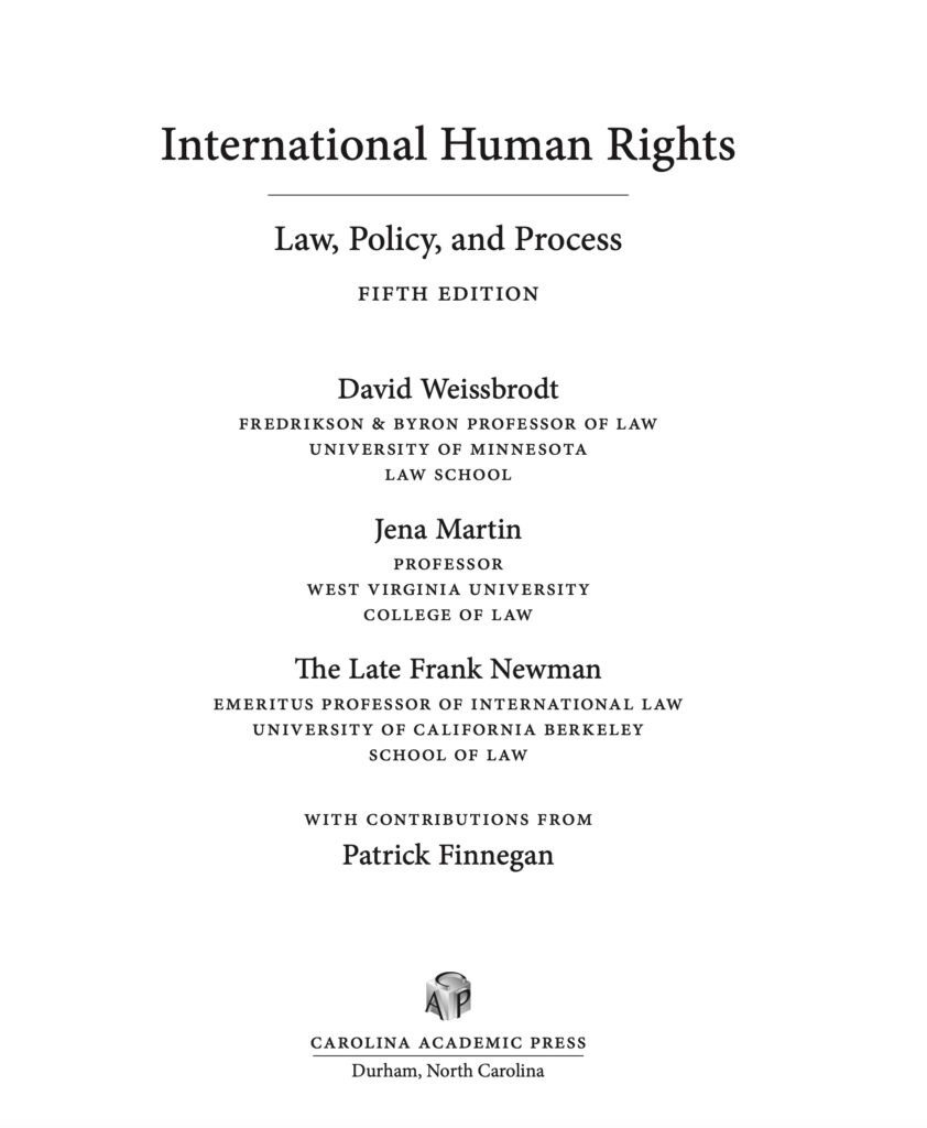 Interior title page of an international human rights law textbook, displaying title, authors' names, and publisher's name.
